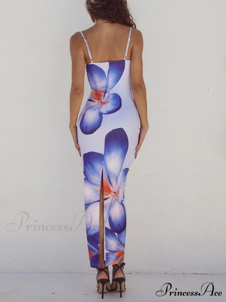 Unique Violet Floral Charming Print Strap Midi Dress