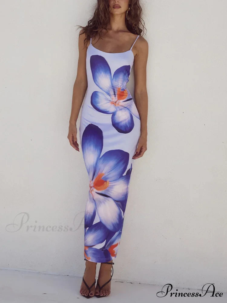 Unique Violet Floral Charming Print Strap Midi Dress