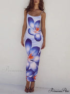 Unique Violet Floral Charming Print Strap Midi Dress