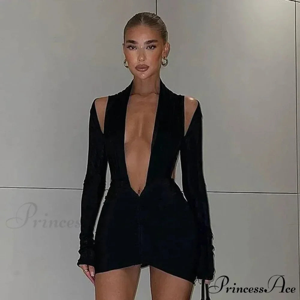 V Neck Black Backless Long Sleeve Mini Dress