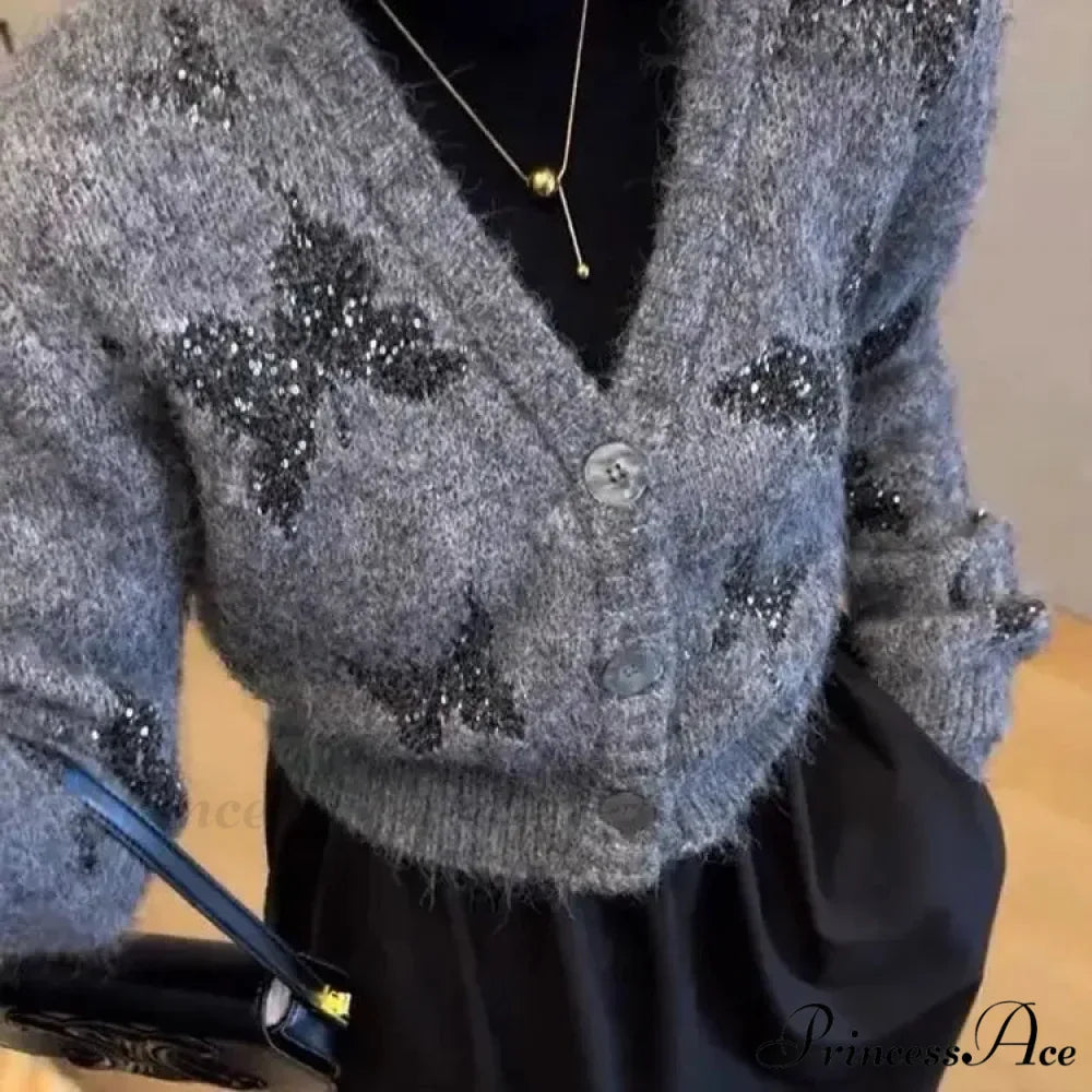 V-neck Butterfly Glitter Knit Cardigan
