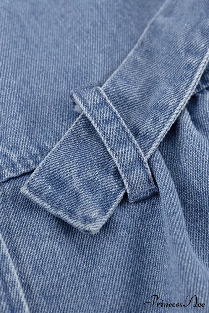 V Neck Button Front Lace Up Denim Dress