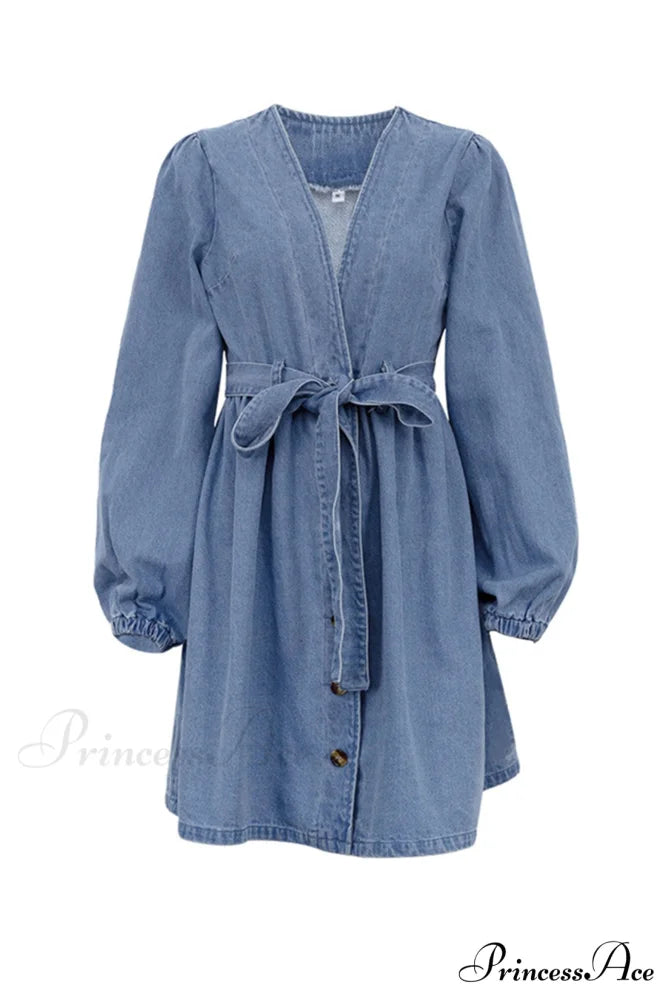 V Neck Button Front Lace Up Denim Dress