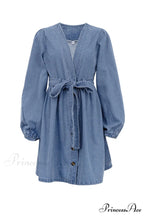 V Neck Button Front Lace Up Denim Dress