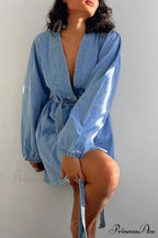 V Neck Button Front Lace Up Denim Dress