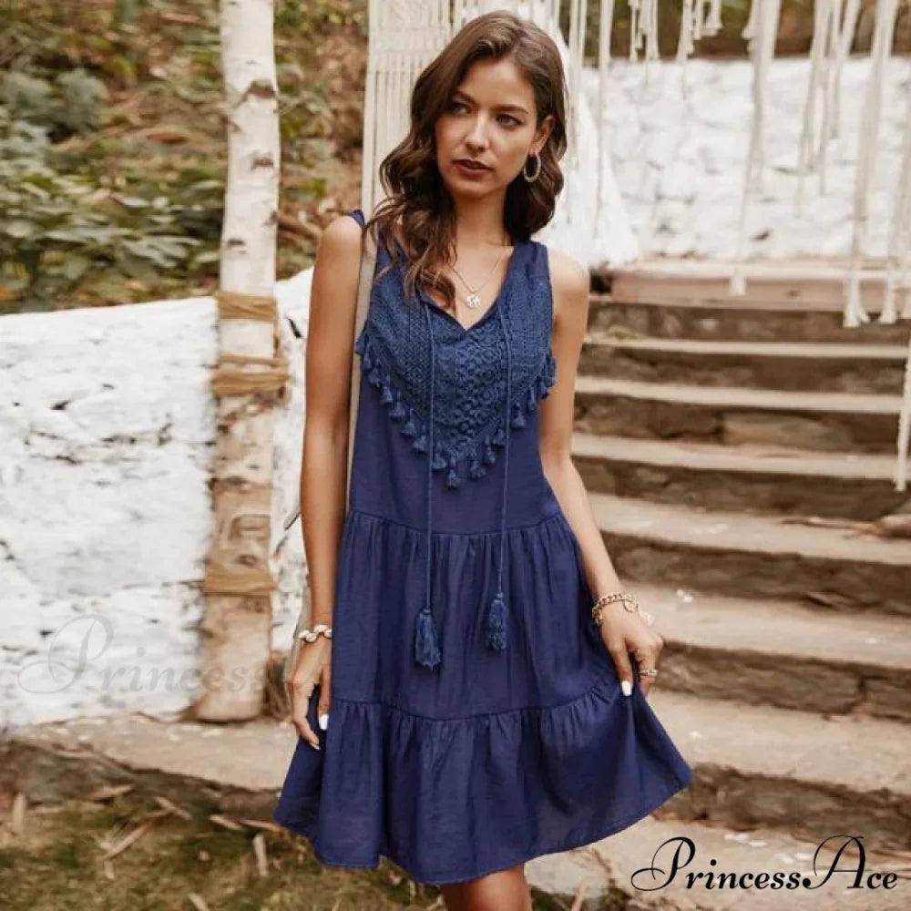 V-neck Casual Sleeveless Solid Boho Dress