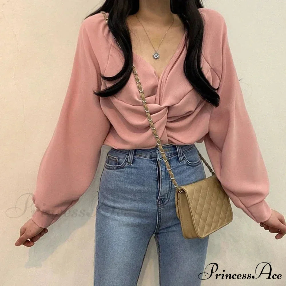 V-neck Coiled Lantern Sleeve Solid Informal Blouse