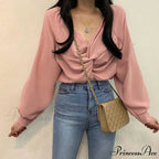 V-neck Coiled Lantern Sleeve Solid Informal Blouse