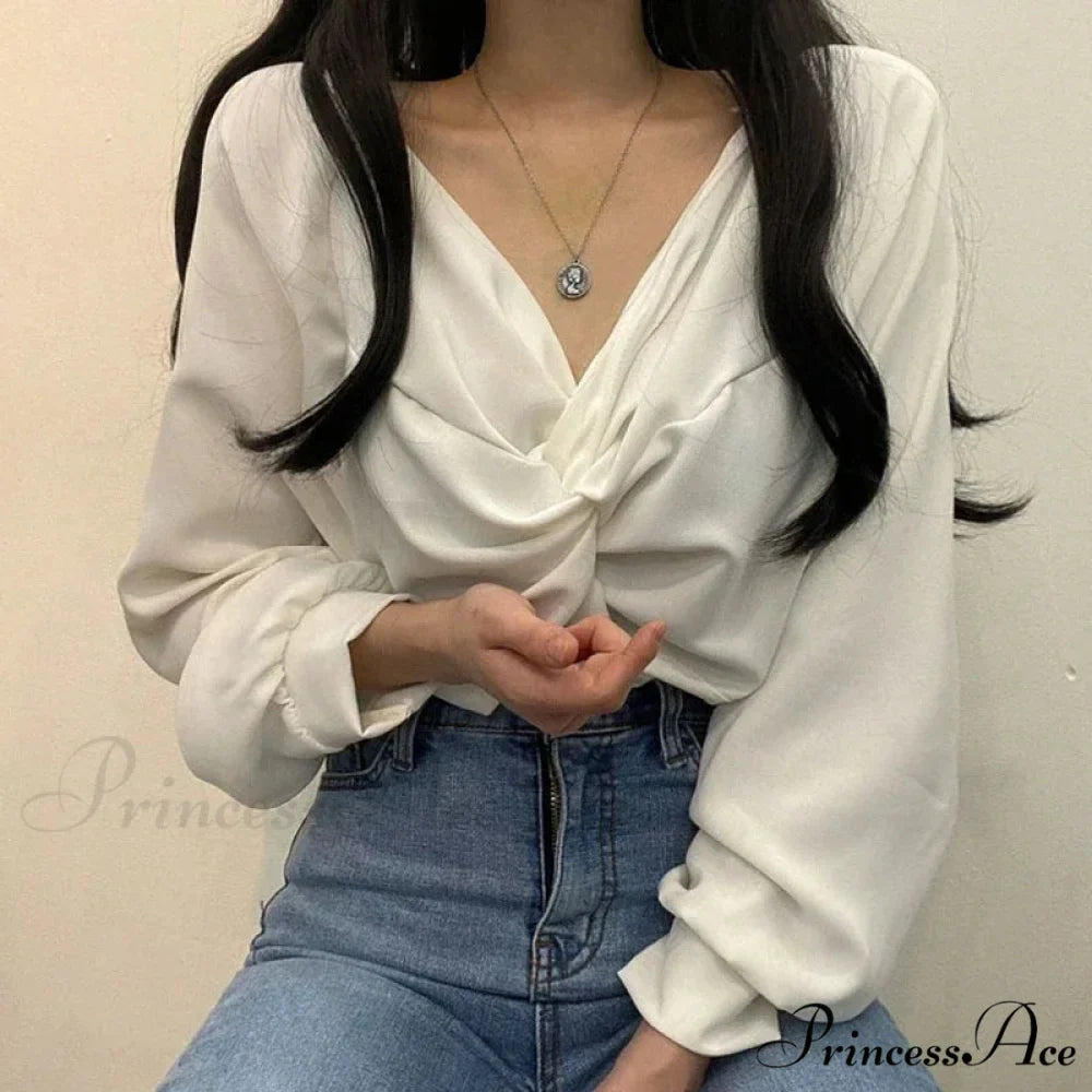 V-neck Coiled Lantern Sleeve Solid Informal Blouse