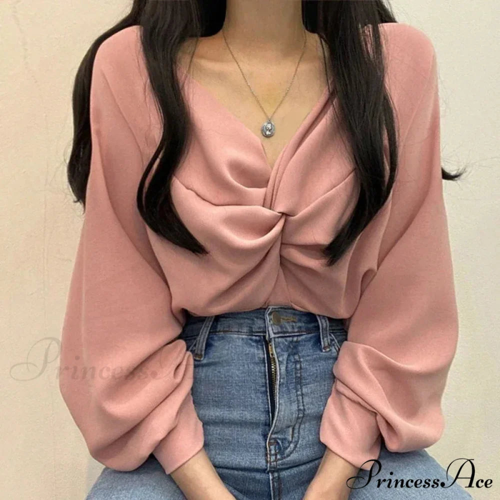 V-neck Coiled Lantern Sleeve Solid Informal Blouse