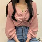 V-neck Coiled Lantern Sleeve Solid Informal Blouse