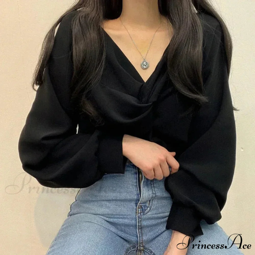 V-neck Coiled Lantern Sleeve Solid Informal Blouse