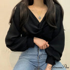 V-neck Coiled Lantern Sleeve Solid Informal Blouse