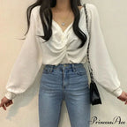 V-neck Coiled Lantern Sleeve Solid Informal Blouse