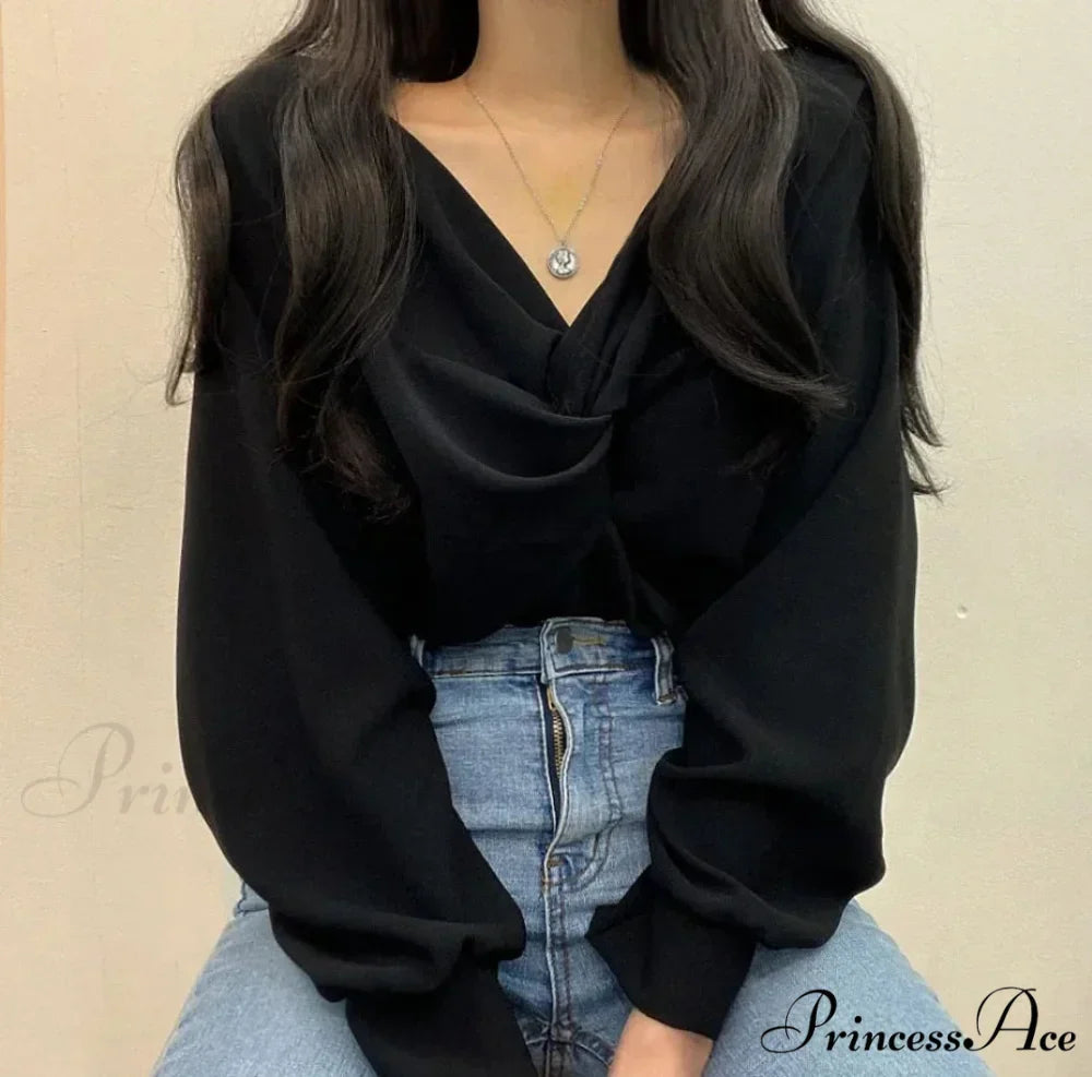 V-neck Coiled Lantern Sleeve Solid Informal Blouse