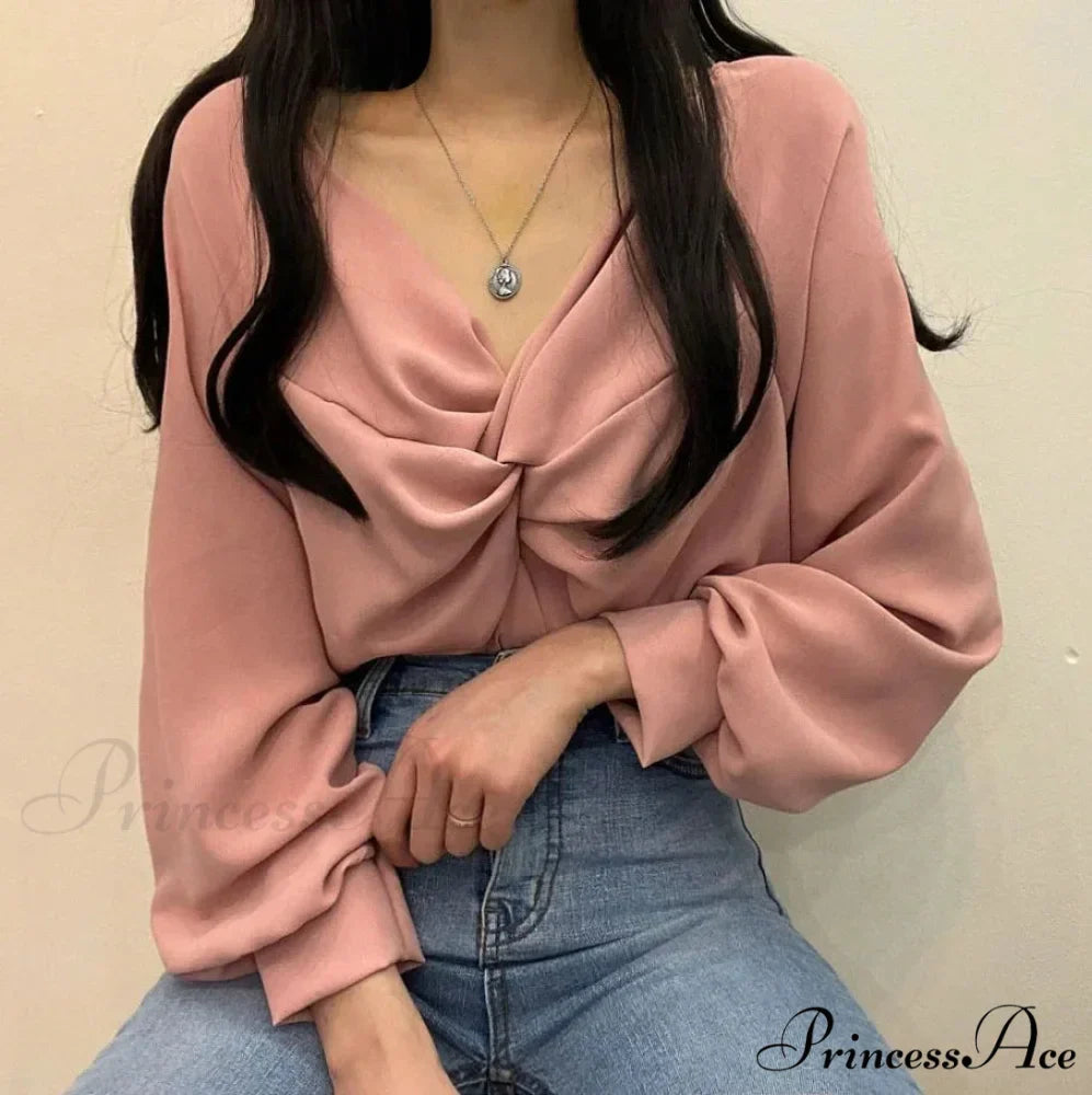 V-neck Coiled Lantern Sleeve Solid Informal Blouse