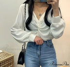 V-neck Coiled Lantern Sleeve Solid Informal Blouse