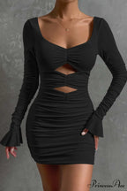 V Neck Cutout Bell Sleeve Pleated Dress
