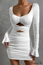 V Neck Cutout Bell Sleeve Pleated Dress