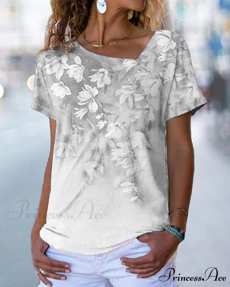 V-neck Design Flowered T-shirt