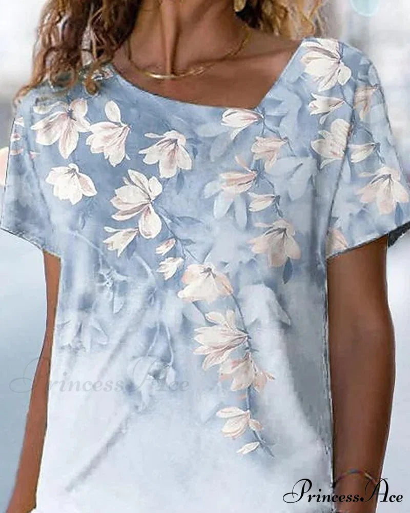 V-neck Design Flowered T-shirt