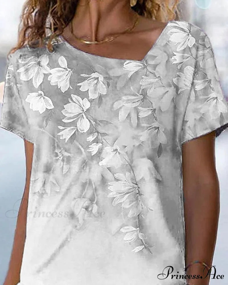 V-neck Design Flowered T-shirt