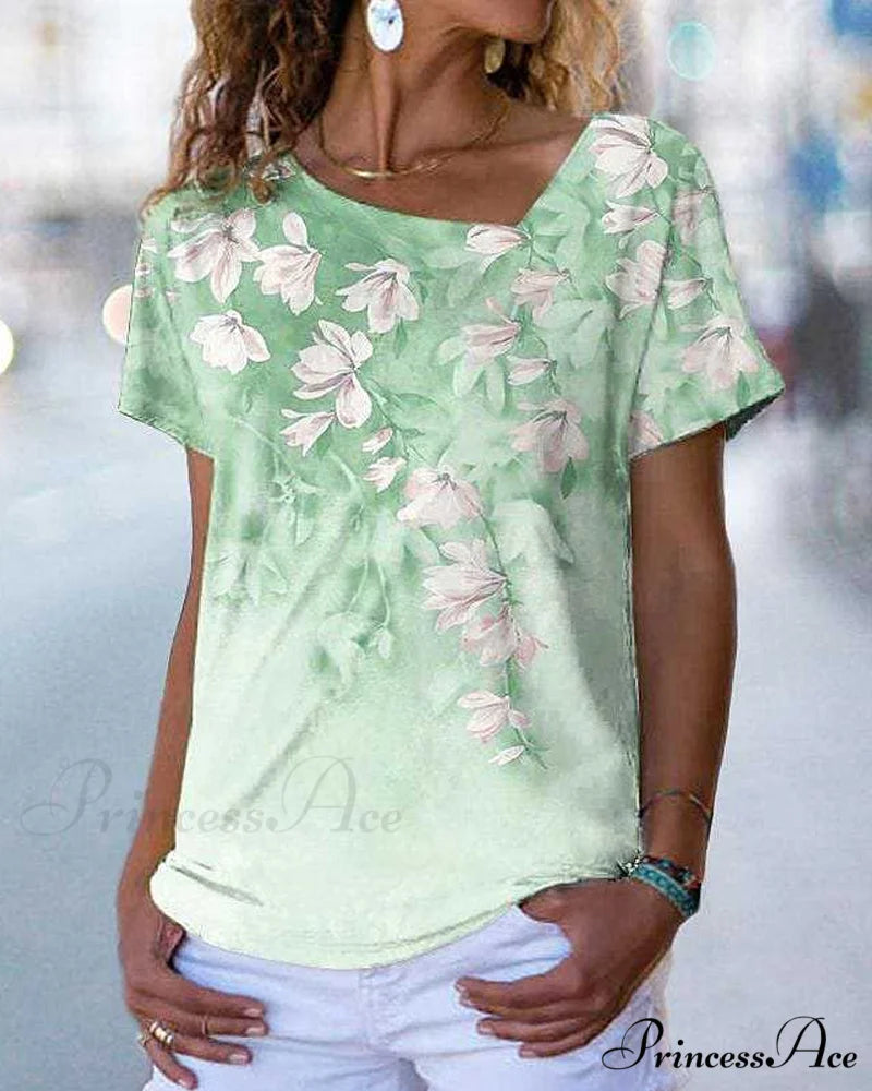V-neck Design Flowered T-shirt