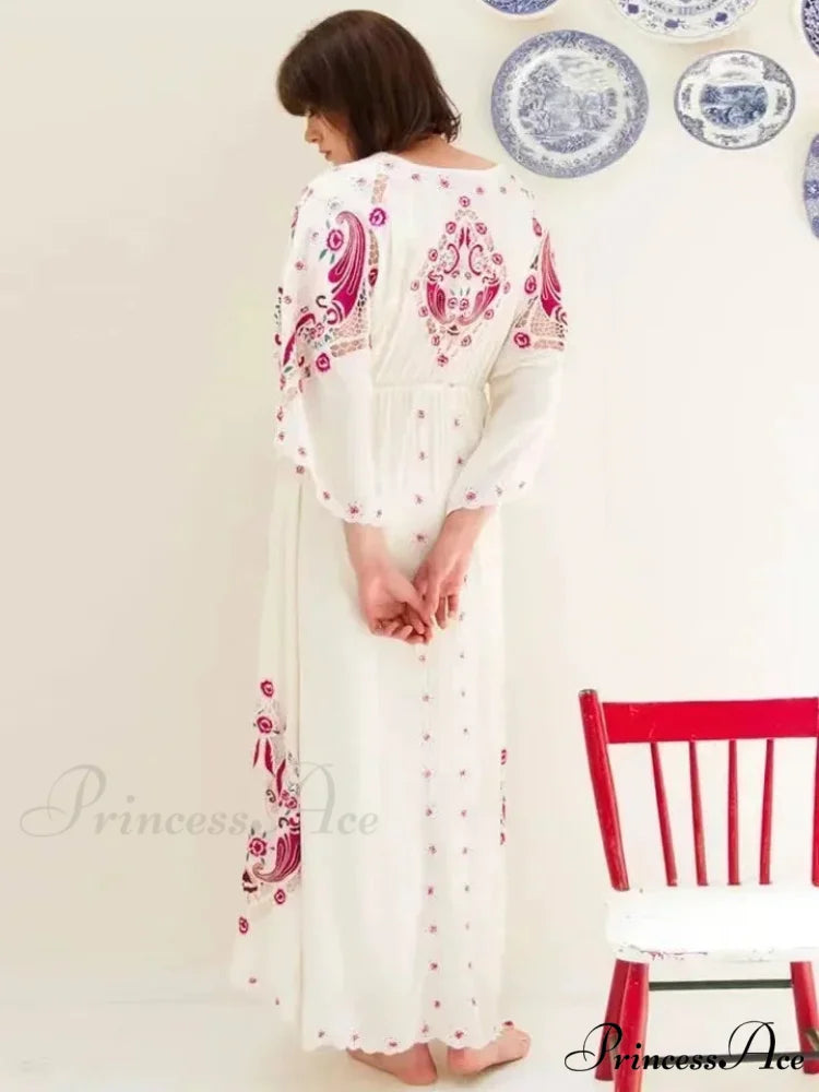 V Neck Embroidered Baggy Informal Cotton Boho Dress