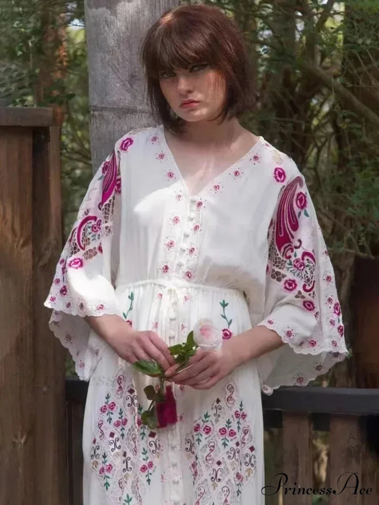 V Neck Embroidered Baggy Informal Cotton Boho Dress