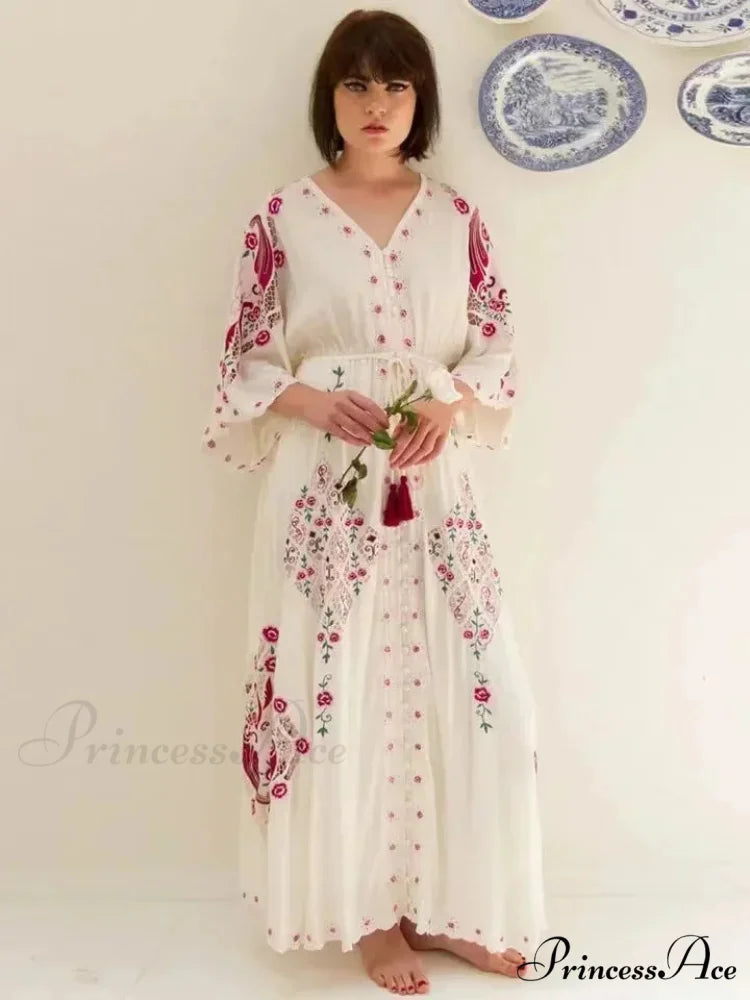 V Neck Embroidered Baggy Informal Cotton Boho Dress