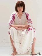 V Neck Embroidered Baggy Informal Cotton Boho Dress