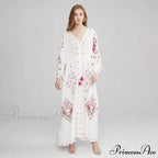 V Neck Embroidered Baggy Informal Cotton Boho Dress