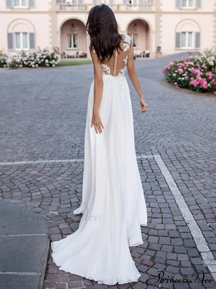 V-Neck Extended Sleeve Open-Back Bridal Gown