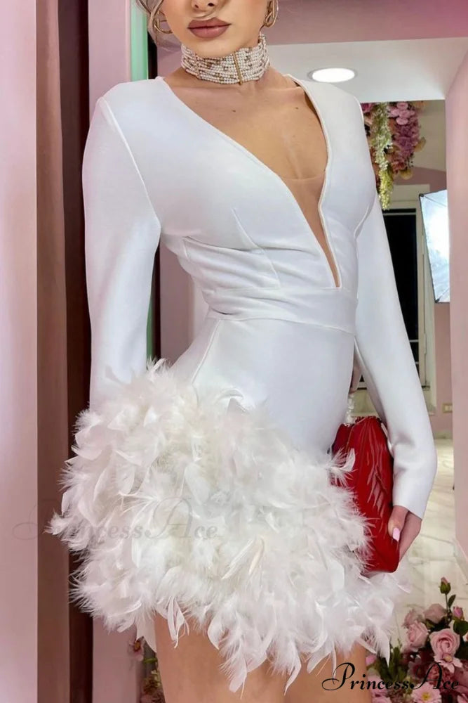 V Neck Feather Pack Mini Dress