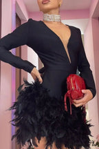 V Neck Feather Pack Mini Dress