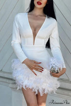 V Neck Feather Pack Mini Dress