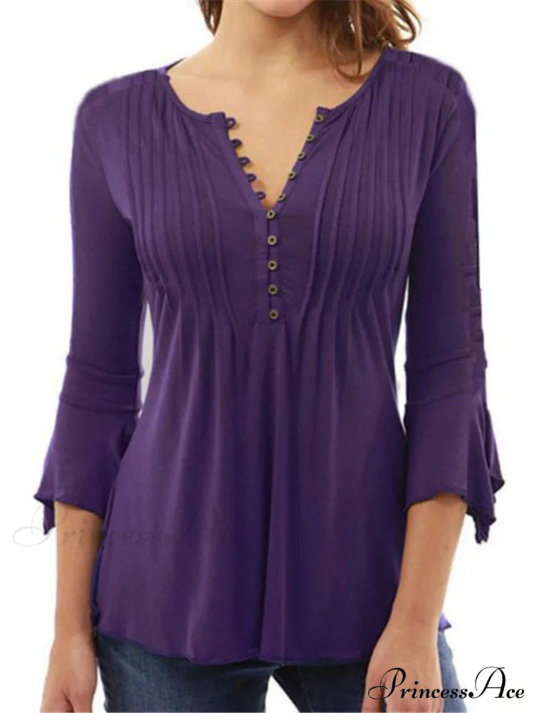 V-neck Flared Plain Folded in Blouse Arm Women's Color