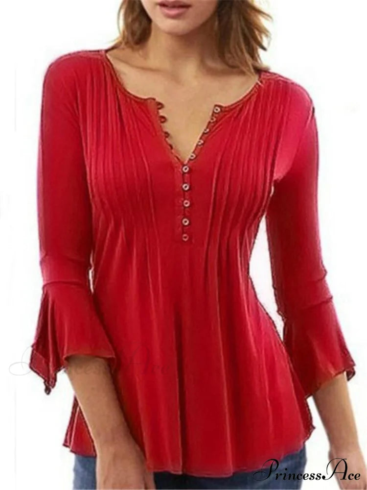 V-neck Flared Plain Folded in Blouse Arm Women's Color