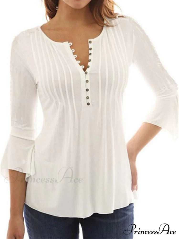 V-neck Flared Plain Folded in Blouse Arm Women's Color
