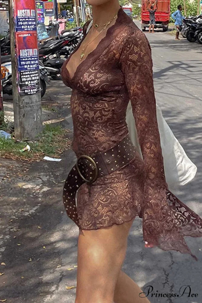 V Neck Flares Sleeve Lace Dress