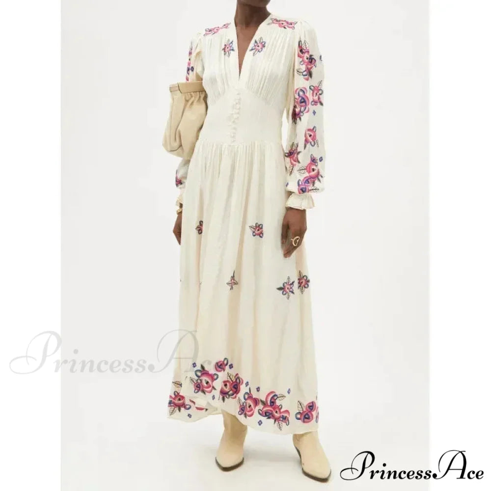 V-neck Flowery A-line Lantern Sleeve Cotton Boho Dress
