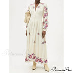 V-neck Flowery A-line Lantern Sleeve Cotton Boho Dress