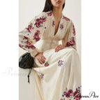 V-neck Flowery A-line Lantern Sleeve Cotton Boho Dress