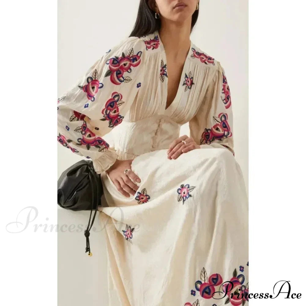 V-neck Flowery A-line Lantern Sleeve Cotton Boho Dress