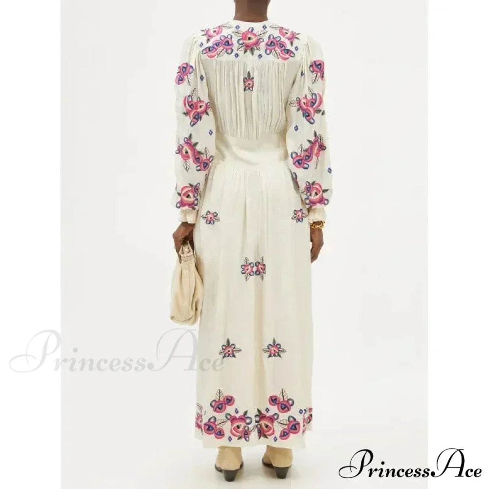 V-neck Flowery A-line Lantern Sleeve Cotton Boho Dress