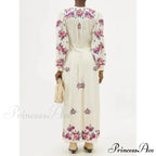 V-neck Flowery A-line Lantern Sleeve Cotton Boho Dress