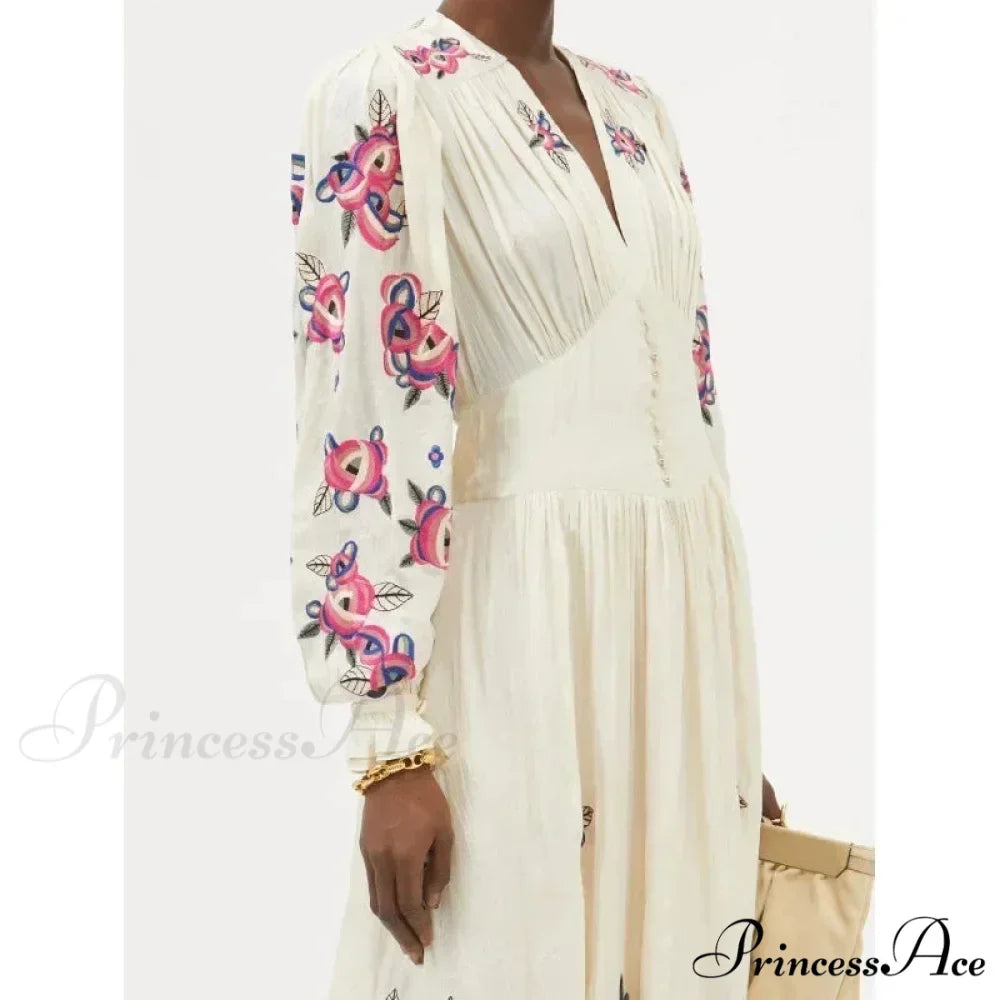 V-neck Flowery A-line Lantern Sleeve Cotton Boho Dress