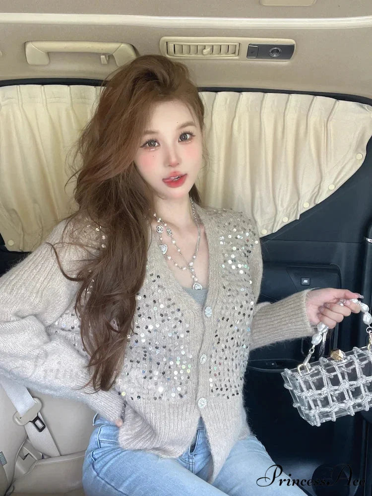V-neck Gray Sequin Short Knit Cardigan