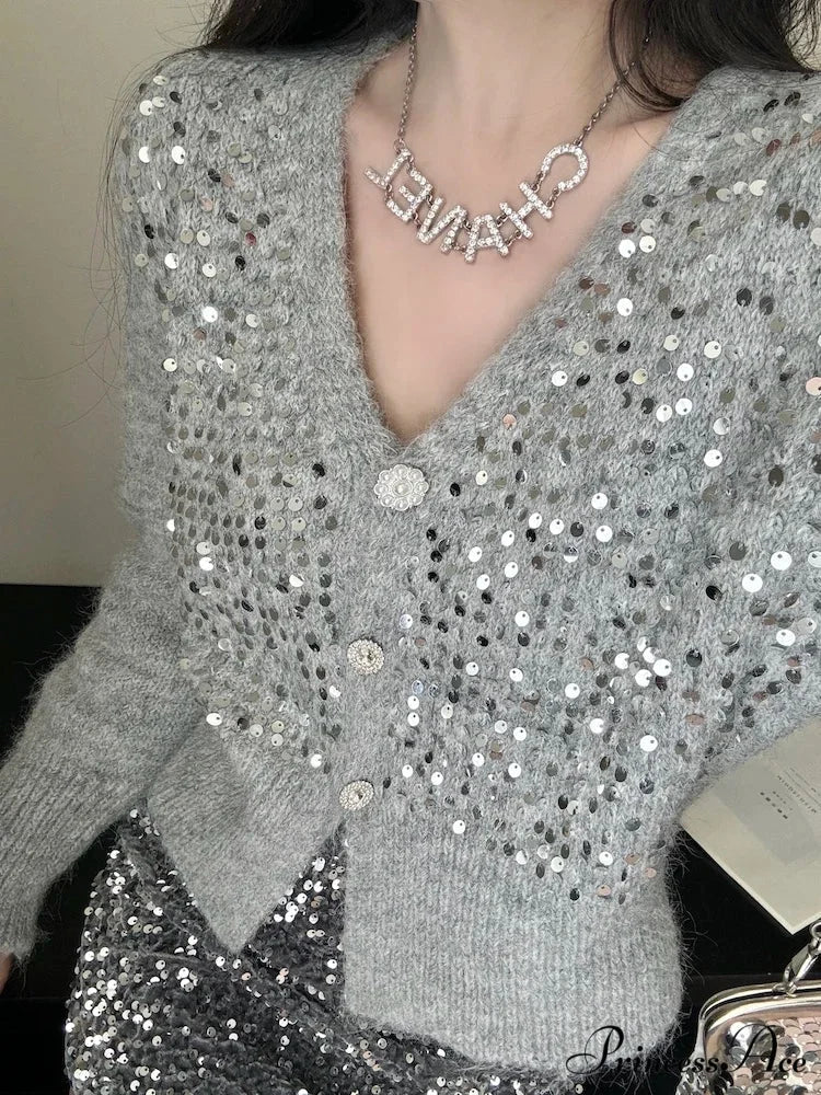 V-neck Gray Sequin Short Knit Cardigan