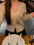V-neck Gray Sequin Short Knit Cardigan